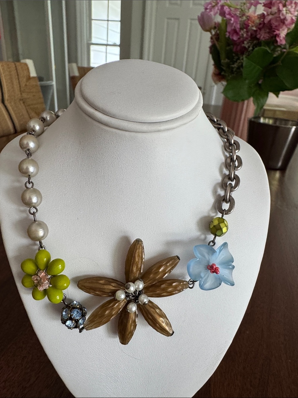 Sabika Multicolor Floral Statement Necklace in Green, Blue, Brown and Pearl